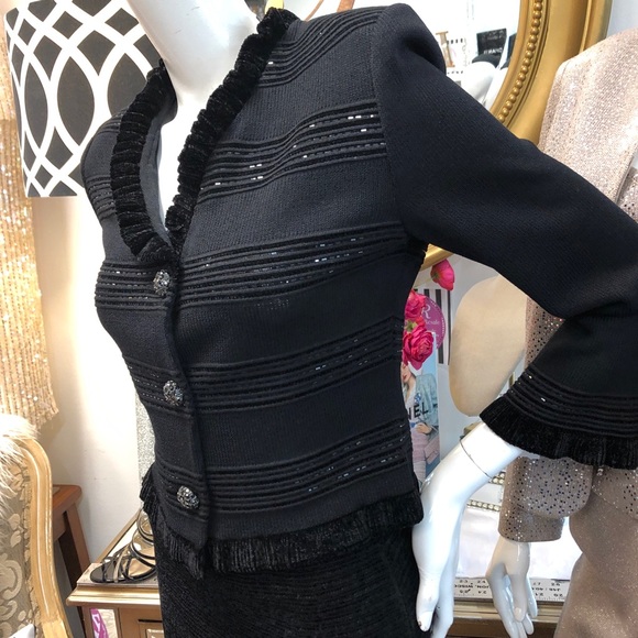 St. John Evening Marie Gray Black Emb. Skirt Suit - Picture 6 of 8